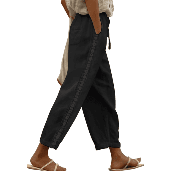 WQD Women Linen Pants Lightweight Casual Pants with Lace Side Drawstring Elastic Waist Trousers with Pocket