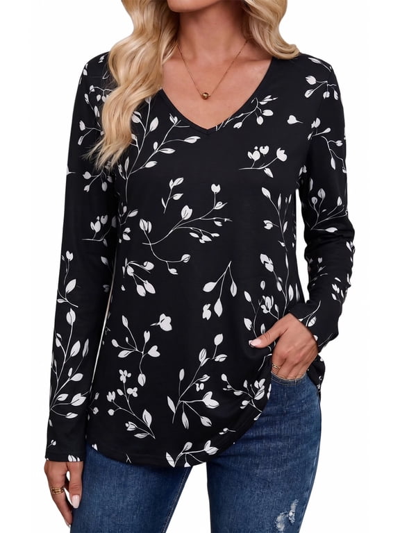 Women's Long Sleeve Floral Tops V Neck Casual Tunic Shirts Lightweight Everyday Tops for Spring Fall Winter Including Plus Size
