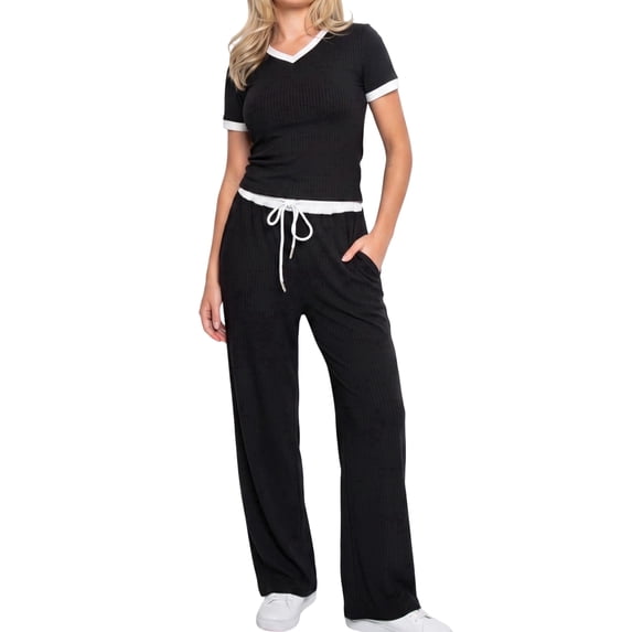 Women's 2 Piece Lounge Sets V Neck Short Sleeve Tops Wide Leg Pants with Pockets Drawstring Matching Pajama Sets Casual Comfy Loungewear Ribbed Travel Outfits for Spring Summer