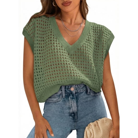 WQD Women’s Crochet Sweater Top V Neck Cap Sleeveless Spring Summer Knit Shirt Loose Hollow Out Pullover Beach Vacation Casual Fashion Clothes