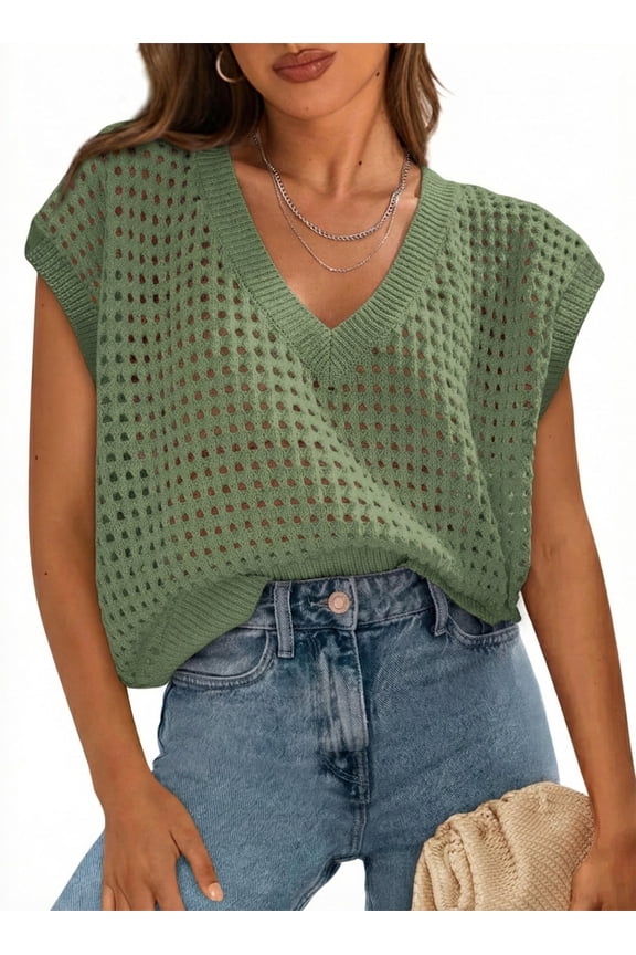Women’s Crochet Sweater Top V Neck Cap Sleeveless Spring Summer Knit Shirt Loose Hollow Out Pullover Beach Vacation Casual Fashion Clothes