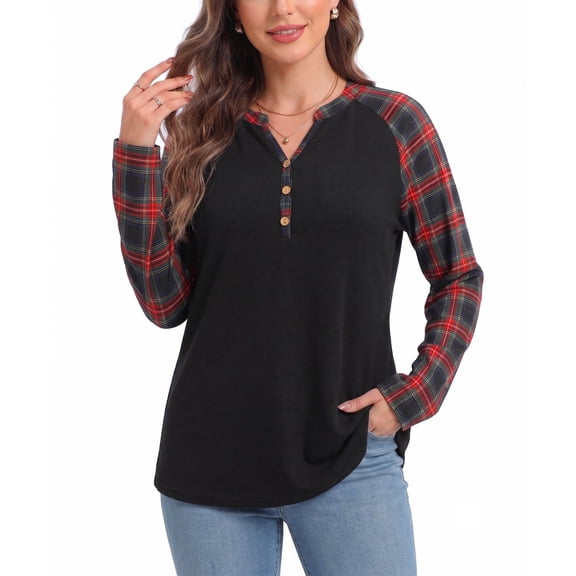 WQD Women's Long Sleeve Tops Plaid Raglan Sleeve Henley Tunic Shirt V Neck Button Casual Top for Spring Fall Winter