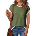 thumbnail image 1 of WQD Women’s Short Sleeve Crewneck T Shirt Color Block Ribbed Knit Top Casual Summer Blouse with Pocket, 1 of 5