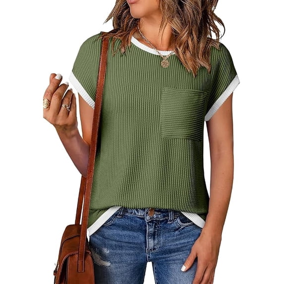 WQD Women’s Short Sleeve Crewneck T Shirt Color Block Ribbed Knit Top Casual Summer Blouse with Pocket