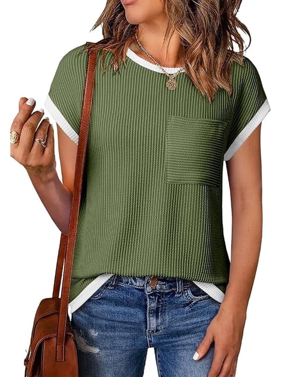 Women’s Short Sleeve Crewneck T Shirt Color Block Ribbed Knit Top Casual Summer Blouse with Pocket