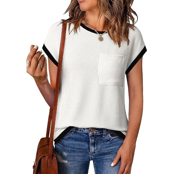 WQD Women’s Short Sleeve Crewneck T Shirt Color Block Ribbed Knit Top Casual Summer Blouse with Pocket