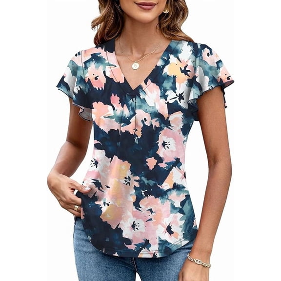 WQD Women’s Summer Floral Tops Flutter Short Sleeve V Neck Blouse Dressy Casual Loose Fit Tunic Shirts Trendy Ruffle Sleeve T Shirts