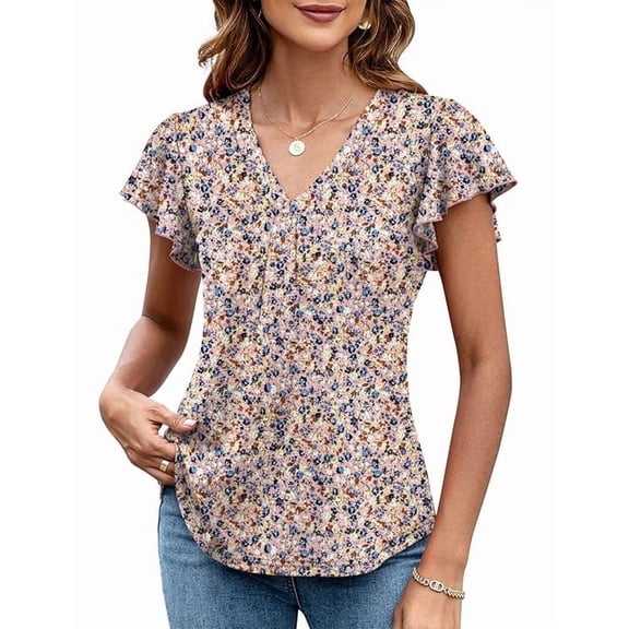 WQD Women’s Summer Floral Tops Flutter Short Sleeve V Neck Blouse Dressy Casual Loose Fit Tunic Shirts Trendy Ruffle Sleeve T Shirts