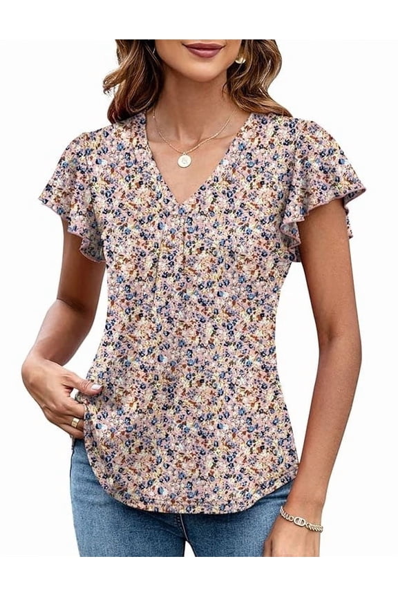 Women’s Summer Floral Tops Flutter Short Sleeve V Neck Blouse Dressy Casual Loose Fit Tunic Shirts Trendy Ruffle Sleeve T Shirts