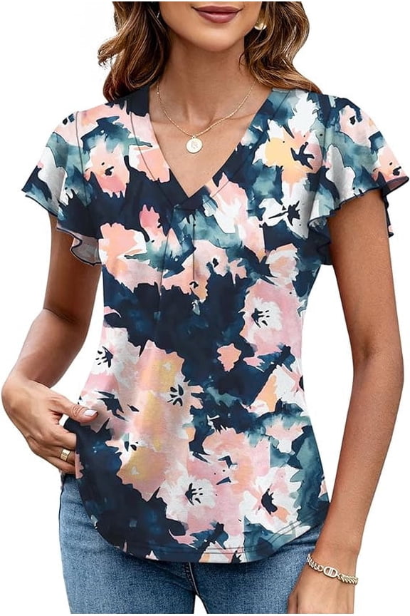 Women’s Summer Floral Tops Flutter Short Sleeve V Neck Blouse Dressy Casual Loose Fit Tunic Shirts Trendy Ruffle Sleeve T Shirts