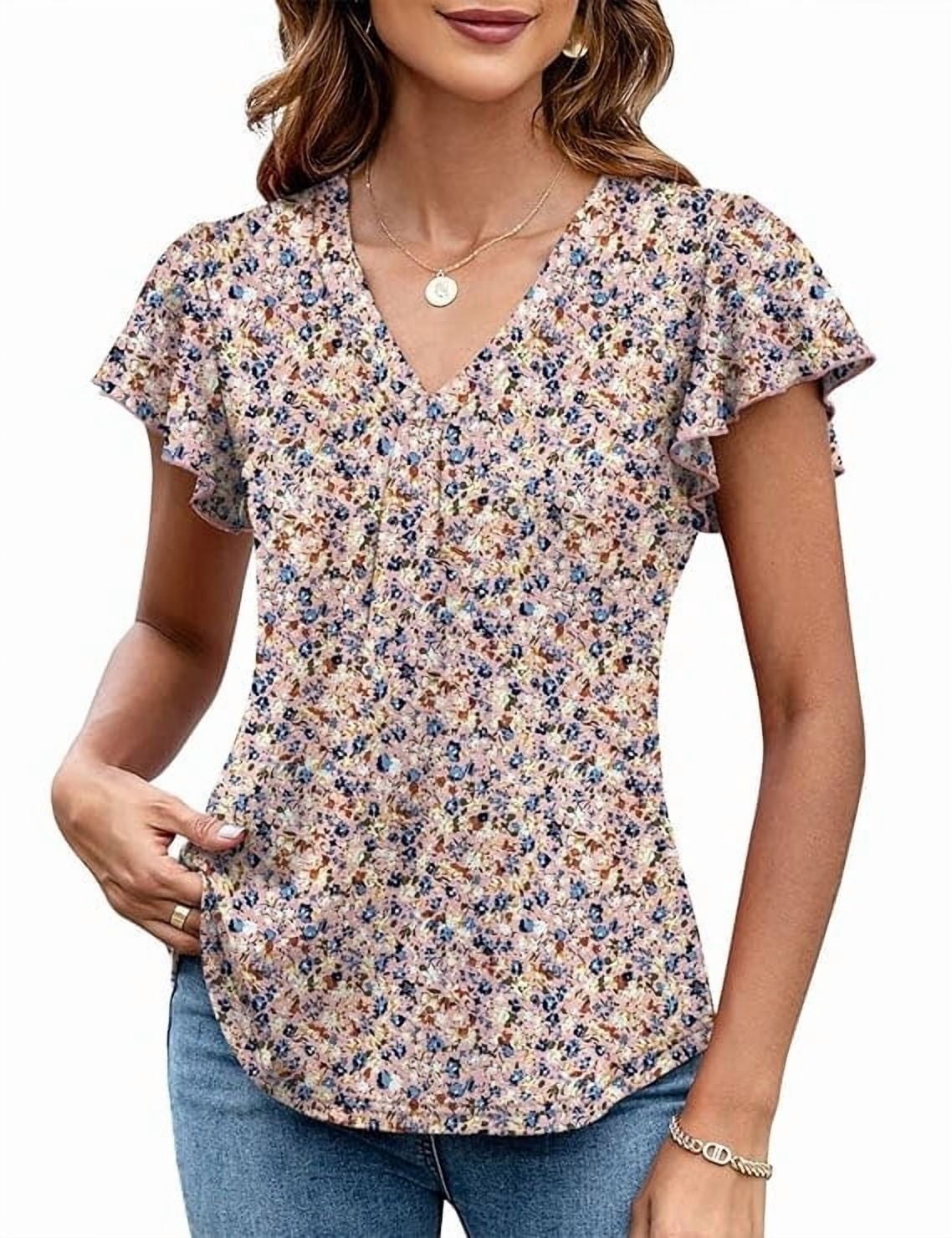 WQD Women’s Summer Floral Tops Flutter Short Sleeve V Neck Blouse ...