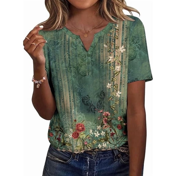 WQD Women’s Summer V Neck Blouse Short Sleeve Floral Print Top Casual Loose Fit Business Dressy Work Shirt