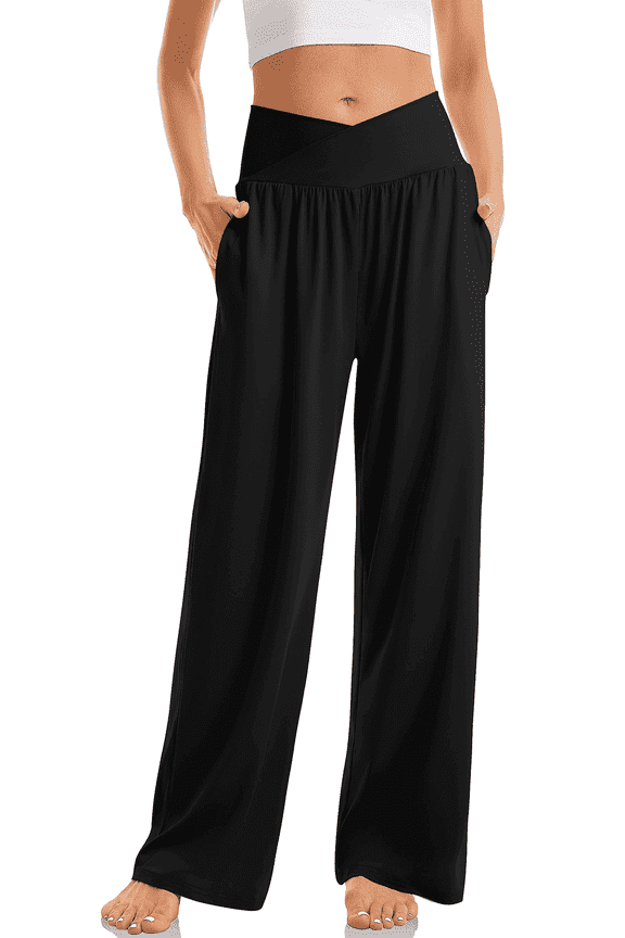 Women’s Sweatpants Wide Leg Lounge Pants Crossover High Waist Yoga Pants with Pockets Comfy Loose Fit Flowy Casual Pajama Pants