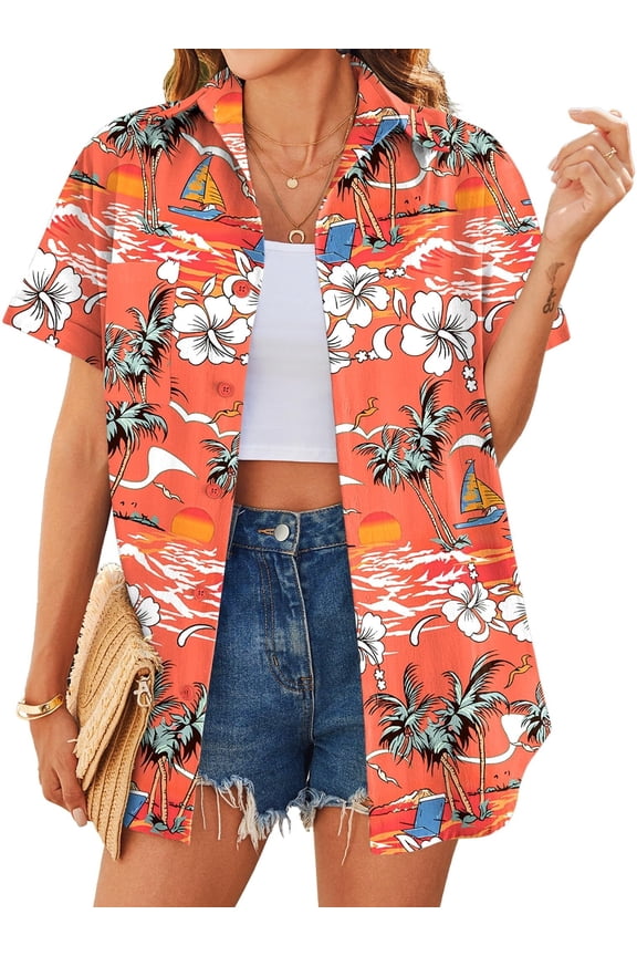 Women’s Tropical Hawaiian Shirt Floral Print Button Up Short Sleeve Tops Summer Casual Beach Holiday Vacation Blouses Lightweight