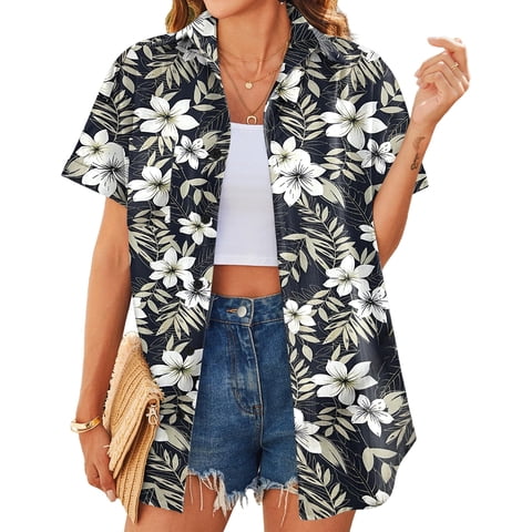 Women’s Tropical Hawaiian Shirt Floral Print Button Up Short Sleeve Tops Summer Casual Beach Holiday Vacation Blouses Lightweight