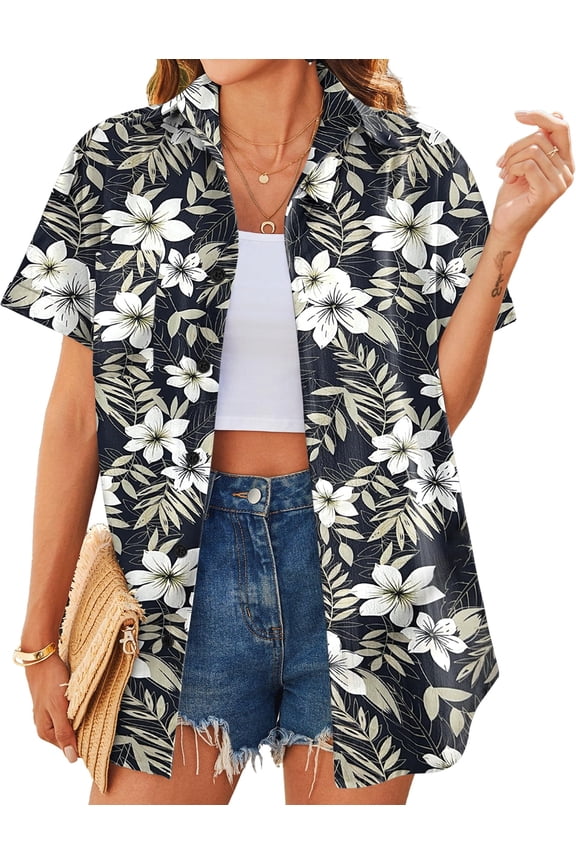 Women’s Tropical Hawaiian Shirt Floral Print Button Up Short Sleeve Tops Summer Casual Beach Holiday Vacation Blouses Lightweight