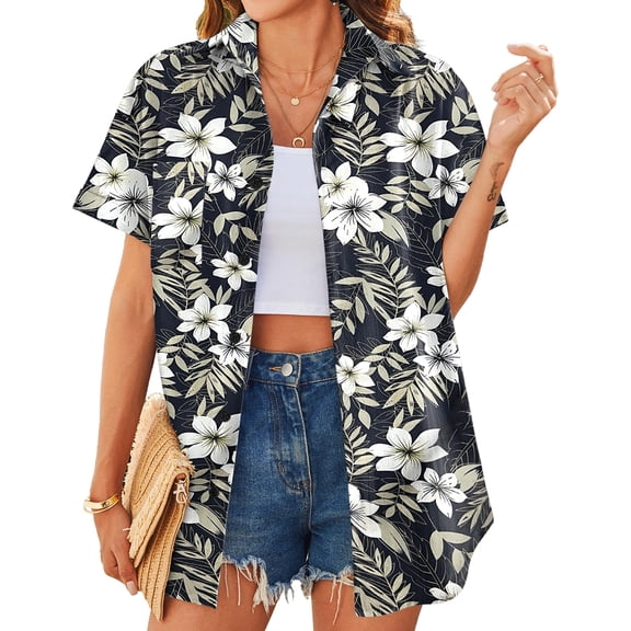 WQD Women’s Tropical Hawaiian Shirt Floral Print Button Up Short Sleeve Tops Summer Casual Beach Holiday Vacation Blouses Lightweight