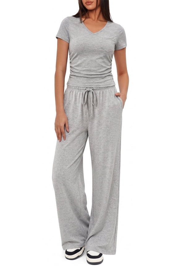 Womens 2 Piece Set Outfits Lounge Sets Ruched Short Sleeve Tops High Waisted Wide Leg Pants Tracksuit Sets