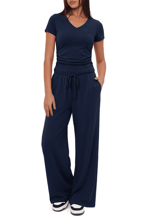 Womens 2 Piece Set Outfits Lounge Sets Ruched Short Sleeve Tops High Waisted Wide Leg Pants Tracksuit Sets