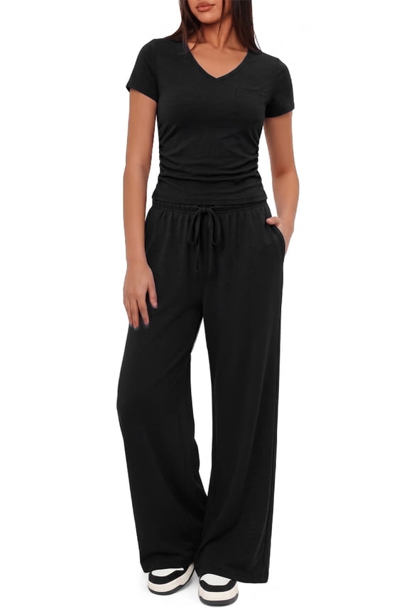 Womens 2 Piece Set Outfits Lounge Sets Ruched Short Sleeve Tops High Waisted Wide Leg Pants Tracksuit Sets