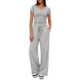 thumbnail image 1 of WQD Womens 2 Piece Set Outfits Lounge Sets Ruched Short Sleeve Tops High Waisted Wide Leg Pants Tracksuit Sets, 1 of 11