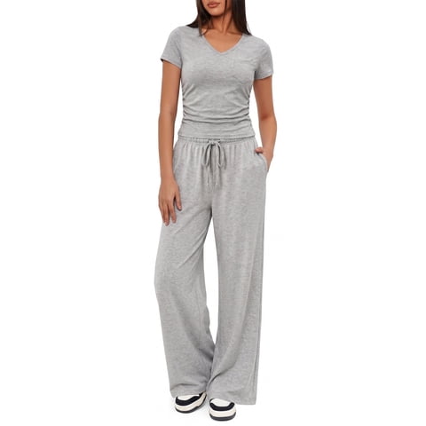Womens 2 Piece Set Outfits Lounge Sets Ruched Short Sleeve Tops High Waisted Wide Leg Pants Tracksuit Sets