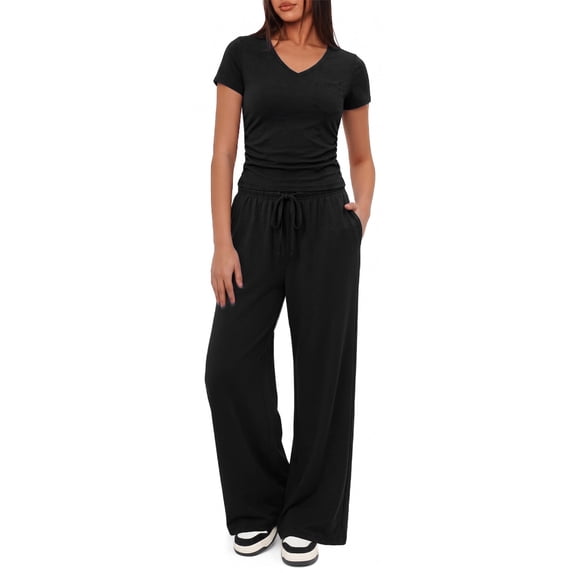 WQD Womens 2 Piece Set Outfits Lounge Sets Ruched Short Sleeve Tops High Waisted Wide Leg Pants Tracksuit Sets