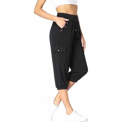 Womens Cargo Capris Travel High Waist Drawstring Workout Pants Button Decor Summer Loose Harem Sweatpants Stylish Soft Casual Work Pants with Pockets