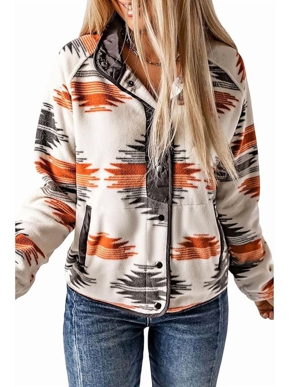 Womens Fleece Shacket Jacket Winter Sherpa Coat Long Sleeve Warm Fuzzy Casual Western Aztec Print Outerwear Soft Cozy Snap Button Down Fashion Top with Pockets