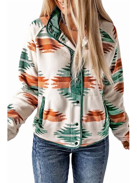 Womens Fleece Shacket Jacket Winter Sherpa Coat Long Sleeve Warm Fuzzy Casual Western Aztec Print Outerwear Soft Cozy Snap Button Down Fashion Top with Pockets