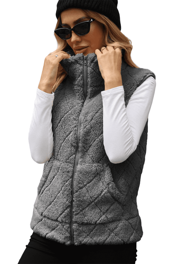 Womens Fuzzy Fleece Vest Casual Sleeveless Zip Up Warm Sherpa Vest Jacket Cozy Waistcoat Outerwear with Pockets for Fall Winter Spring