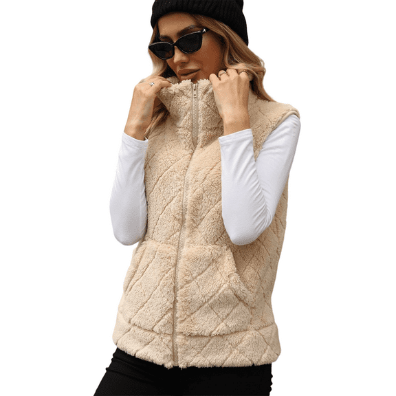 WQD Womens Fuzzy Fleece Vest Casual Sleeveless Zip Up Warm Sherpa Vest Jacket Cozy Waistcoat Outerwear with Pockets for Fall Winter Spring