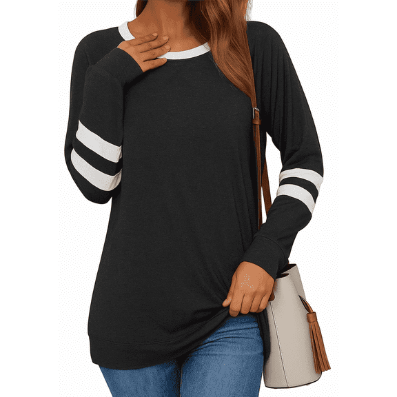 WQD Womens Long Sleeve Shirts Color Block Casual Crewneck Tops Tshirt Basic Tee Fashion Clothes Trendy Outfits for Fall Winter Spring
