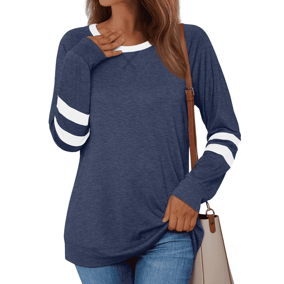 WQD Womens Long Sleeve Shirts Color Block Casual Crewneck Tops Tshirt Basic Tee Fashion Clothes Trendy Outfits for Fall Winter Spring