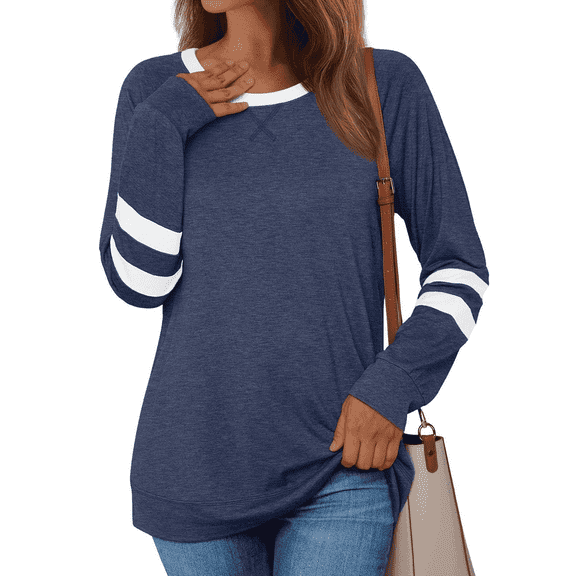 WQD Womens Long Sleeve Shirts Color Block Casual Crewneck Tops Tshirt Basic Tee Fashion Clothes Trendy Outfits for Fall Winter Spring