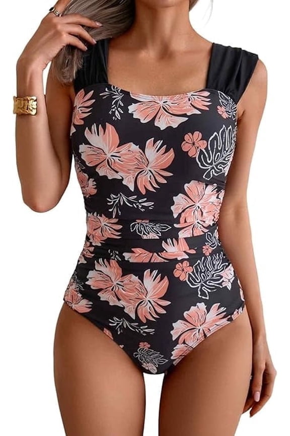 Women's One Piece Swimsuit Square Neck Tummy Control Bathing Suit Ruched Retro Modest Full Coverage Swimwear, Size Down Recommended