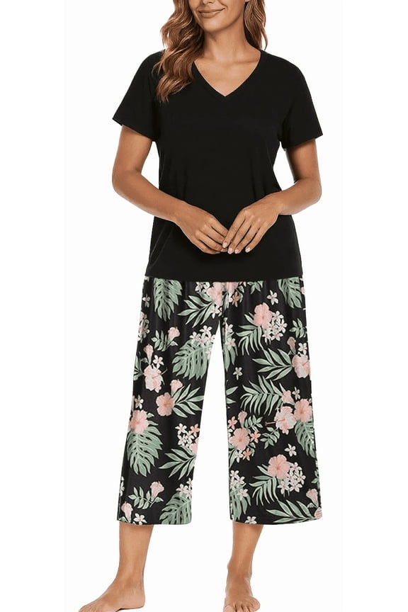Womens Pajama Sets 2 Piece Lounge Sets Soft Loungewear Comfy Pj Sets V Neck Short Sleeve Top and Capri Pants Loose Sleepwear with Pockets