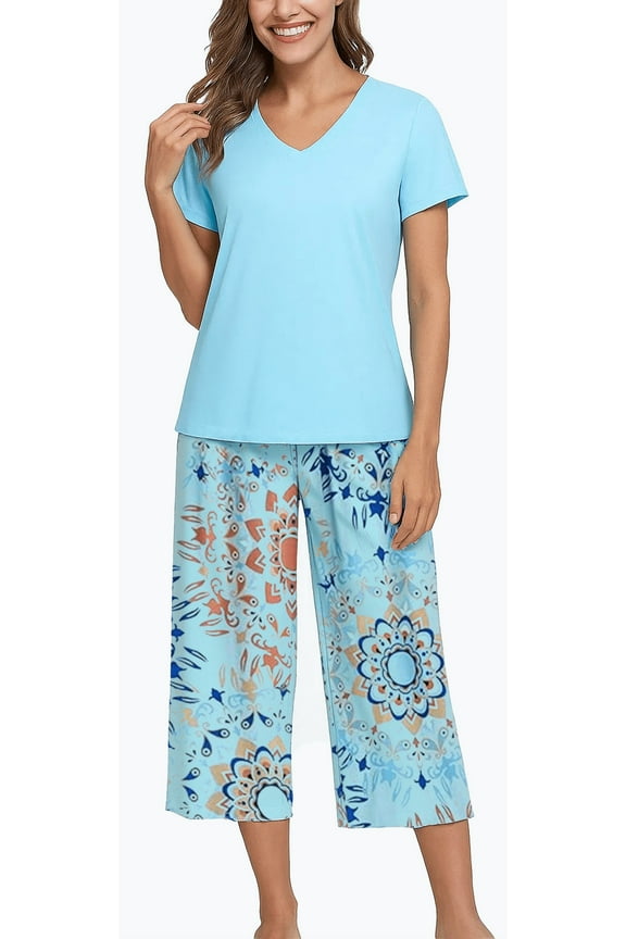 Womens Pajama Sets 2 Piece Lounge Sets Soft Loungewear Comfy Pj Sets V Neck Short Sleeve Top and Capri Pants Loose Sleepwear with Pockets