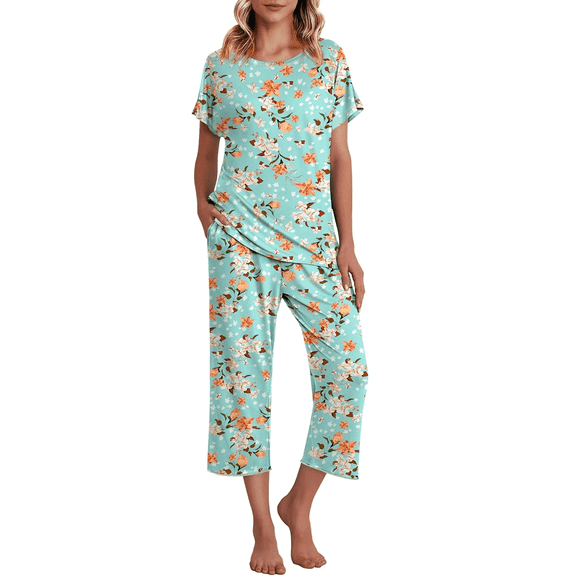 WQD Womens Pajama Sets Pj Set Floral Print Short Short Sleeve Top With Capri Pants Sleepwear 2 Piece Loungewear with Pockets