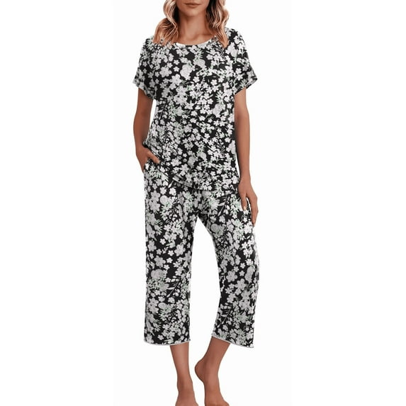 WQD Womens Pajama Sets Pj Set Floral Print Short Short Sleeve Top With Capri Pants Sleepwear 2 Piece Loungewear with Pockets