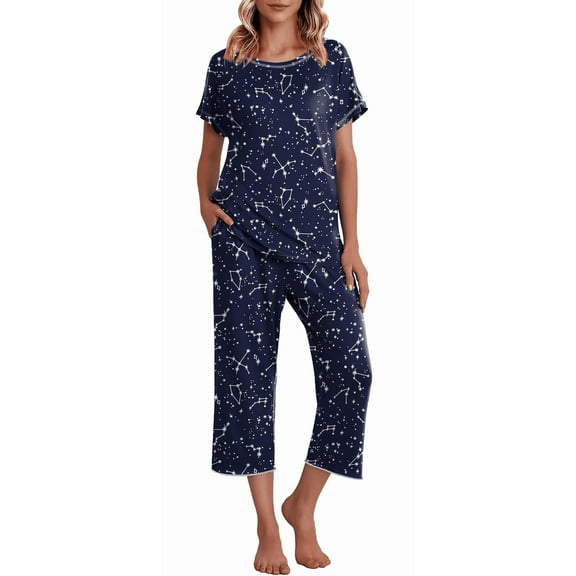 WQD Womens Pajama Sets Pj Set Floral Print Short Short Sleeve Top With Capri Pants Sleepwear 2 Piece Loungewear with Pockets