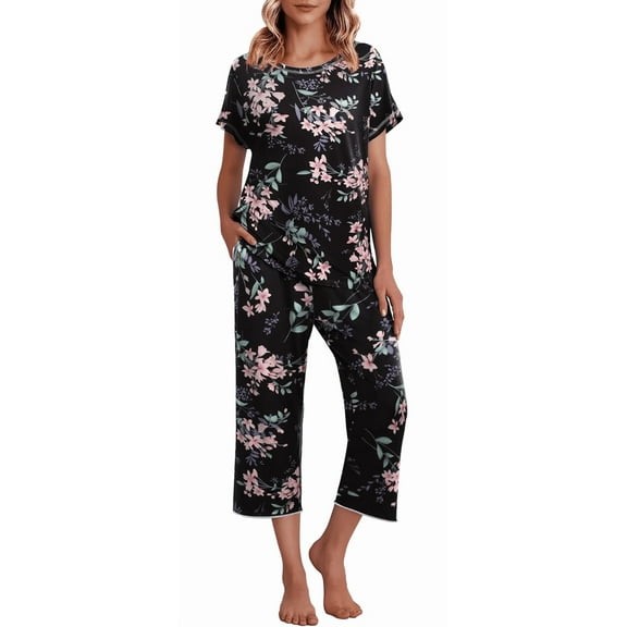 WQD Womens Pajama Sets Pj Set Floral Print Short Short Sleeve Top With Capri Pants Sleepwear 2 Piece Loungewear with Pockets