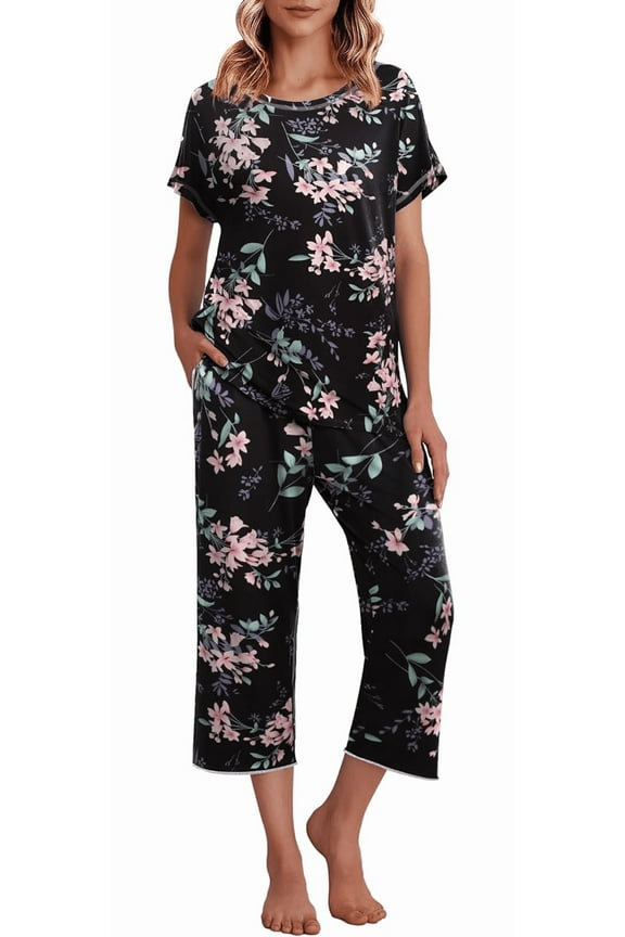Womens Pajama Sets Pj Set Floral Print Short Short Sleeve Top With Capri Pants Sleepwear 2 Piece Loungewear with Pockets