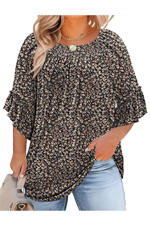 Womens Plus Size Tunic Top 3/4 Ruffle Sleeve Crewneck Pleated Blouse Dressy Casual