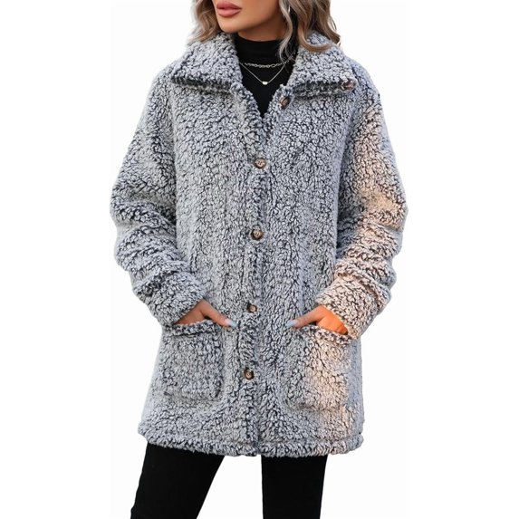 WQD Womens Sherpa Fleece Coat Long Sleeve Button Down Jacket Warm Fuzzy Outerwear with Pockets Winter Casual Plush Cardigan