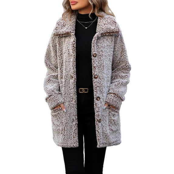 WQD Womens Fleece Jacket Winter Sherpa Coat Long Sleeve Warm Fuzzy Casual Outerwear Soft Cozy Lapel Snow Thick Button Fashion Top with Pockets