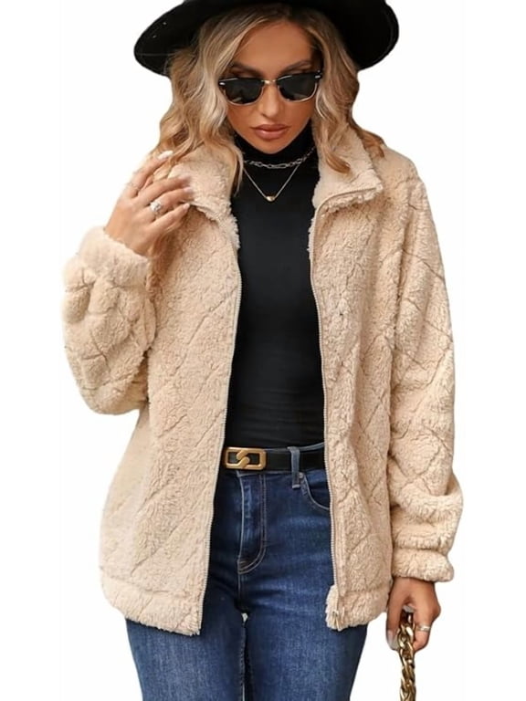 Womens Sherpa Fleece Zip Up Jacket Long Sleeve Stand Collar Warm Fuzzy Teddy Coat Casual Winter Outerwear Soft Cozy Plush Sweatshirt