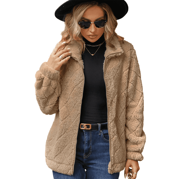 WQD Womens Sherpa Fleece Zip Up Jacket Long Sleeve Stand Collar Warm Fuzzy Teddy Coat Casual Winter Outerwear Soft Cozy Plush Sweatshirt
