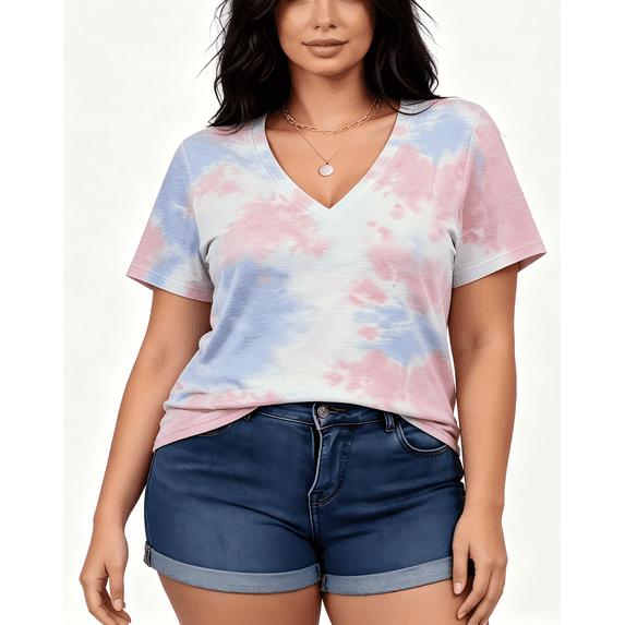 WQD Womens Short Sleeve V Neck T Shirts Casual Tie Dye Tops Loose Fit Basic Summer Tee Trendy Printed Blouse