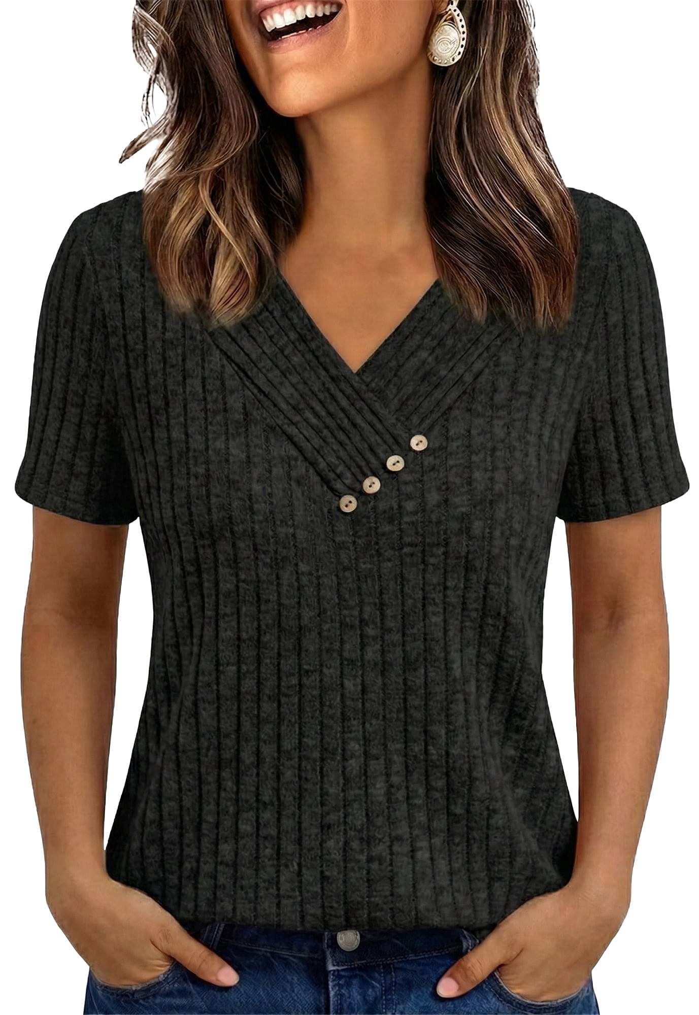 WQD Womens Summer Short Sleeve V Neck Tops Casual Tunic Shirts Button ...